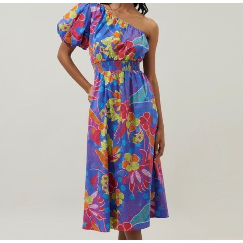 Sugarlips Blue Floral One Shoulder Puff Sleeve Smocked Waist Midi Dress Sz M